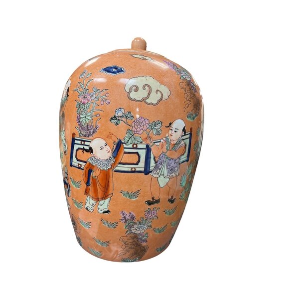 Vintage Chinese Large Peach Porcelin lidded boys play Macau Chinoserie SKU 9736 - Picture 2 of 13